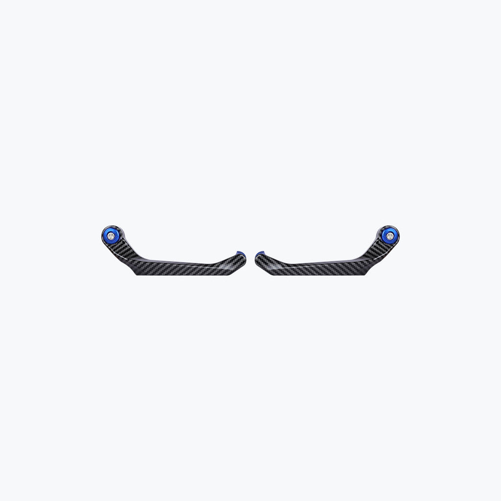 Pair of carbon fiber motorcycle brake and clutch lever guards with blue accents