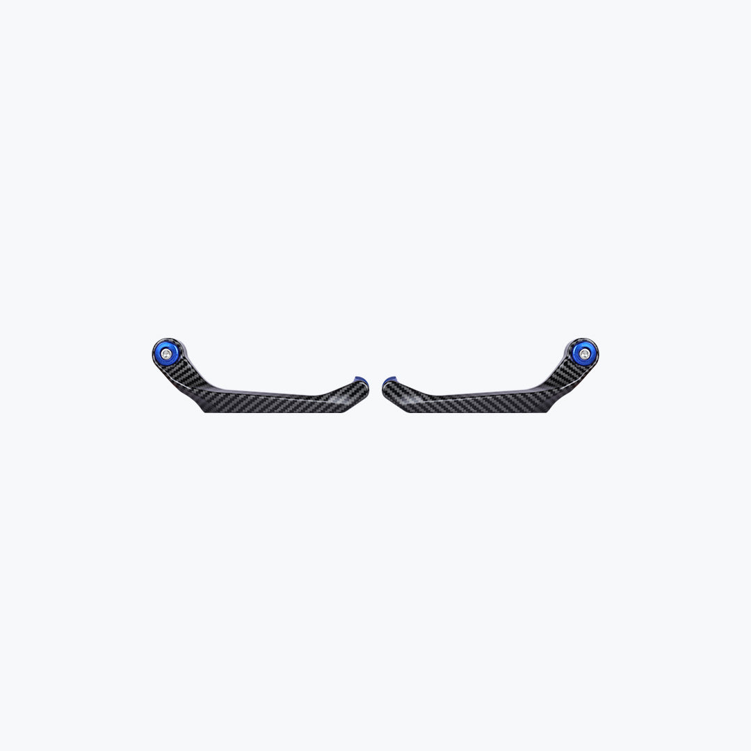 Pair of carbon fiber motorcycle brake and clutch lever guards with blue accents
