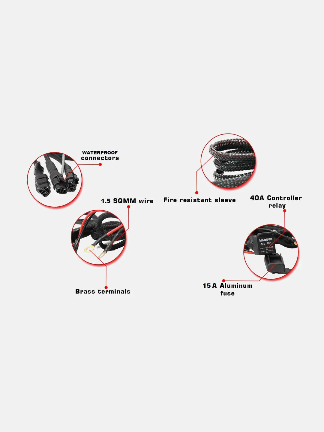Motorcycle wiring harness with waterproof connectors, fire resistant sleeve, 40A relay, 15A fuse, brass terminals, and 1.5 SQMM wire.