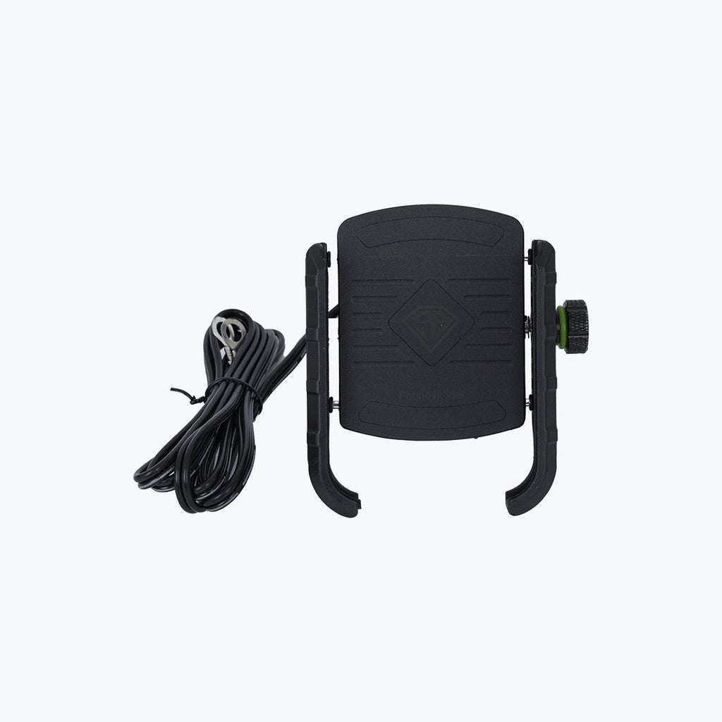 Black motorcycle mobile charger and phone holder with mounting arms and attached cable