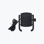Black motorcycle mobile charger and phone holder with mounting arms and attached cable