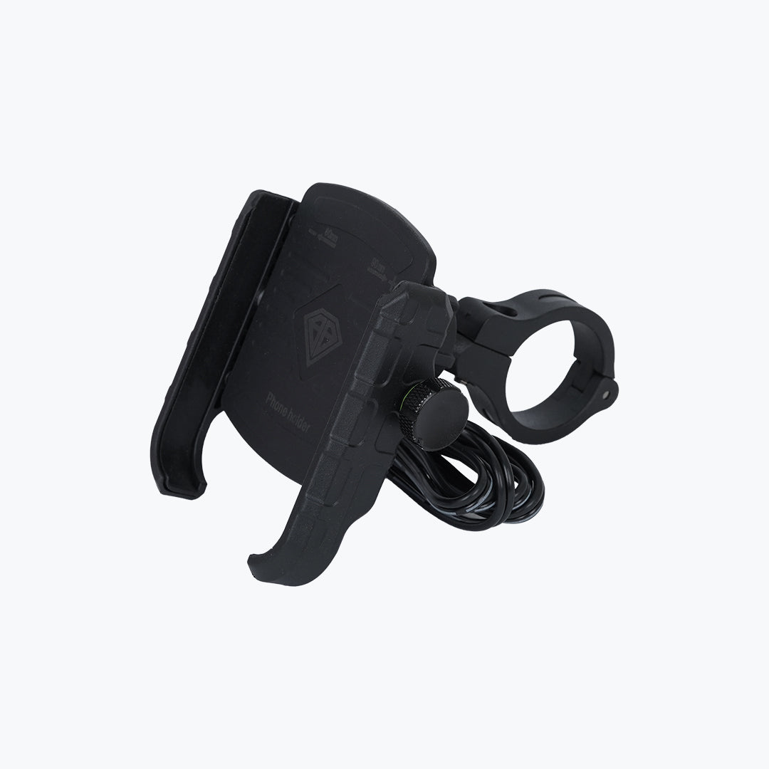 Black motorcycle phone holder with USB charging cable and handlebar mount