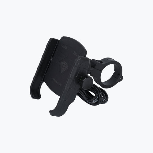 Black motorcycle phone holder with USB charging cable and handlebar mount
