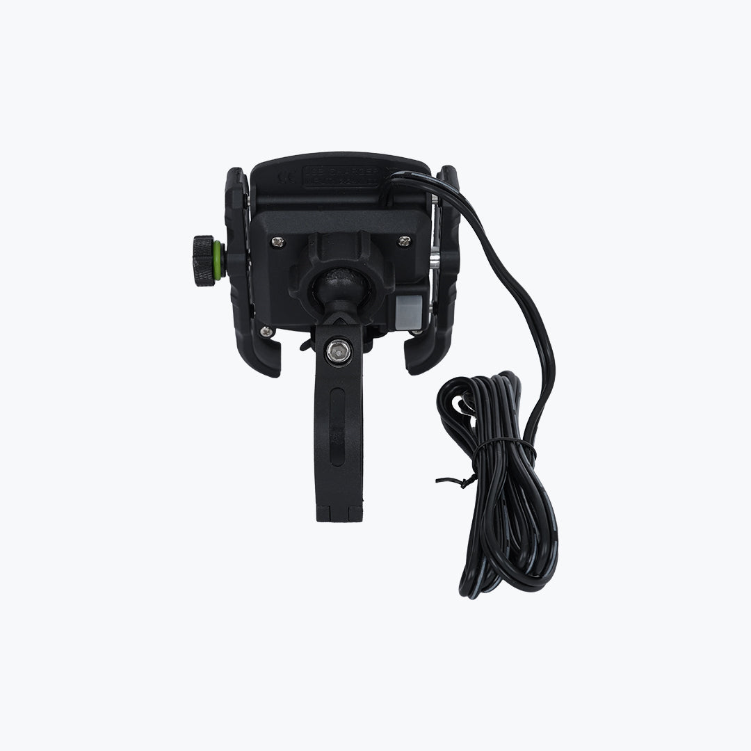 Black motorcycle mobile holder with charging cable, handlebar mount, front view