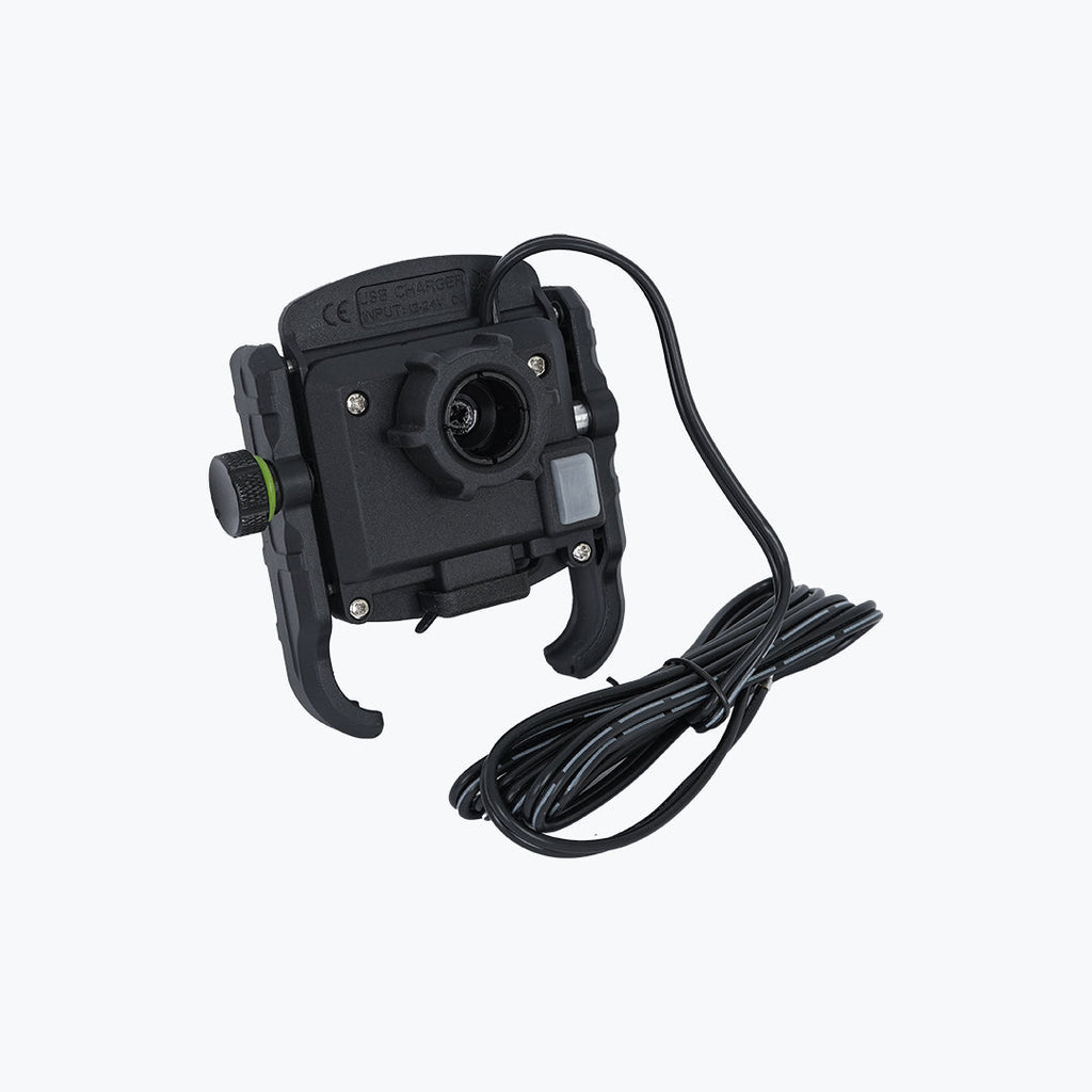 Motorcycle mobile charger with USB port and handlebar mount, black, with attached cable