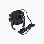 Motorcycle mobile charger with USB port and handlebar mount, black, with attached cable
