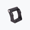 Black metal motorcycle bracket or mount with a roller, shown on a white background