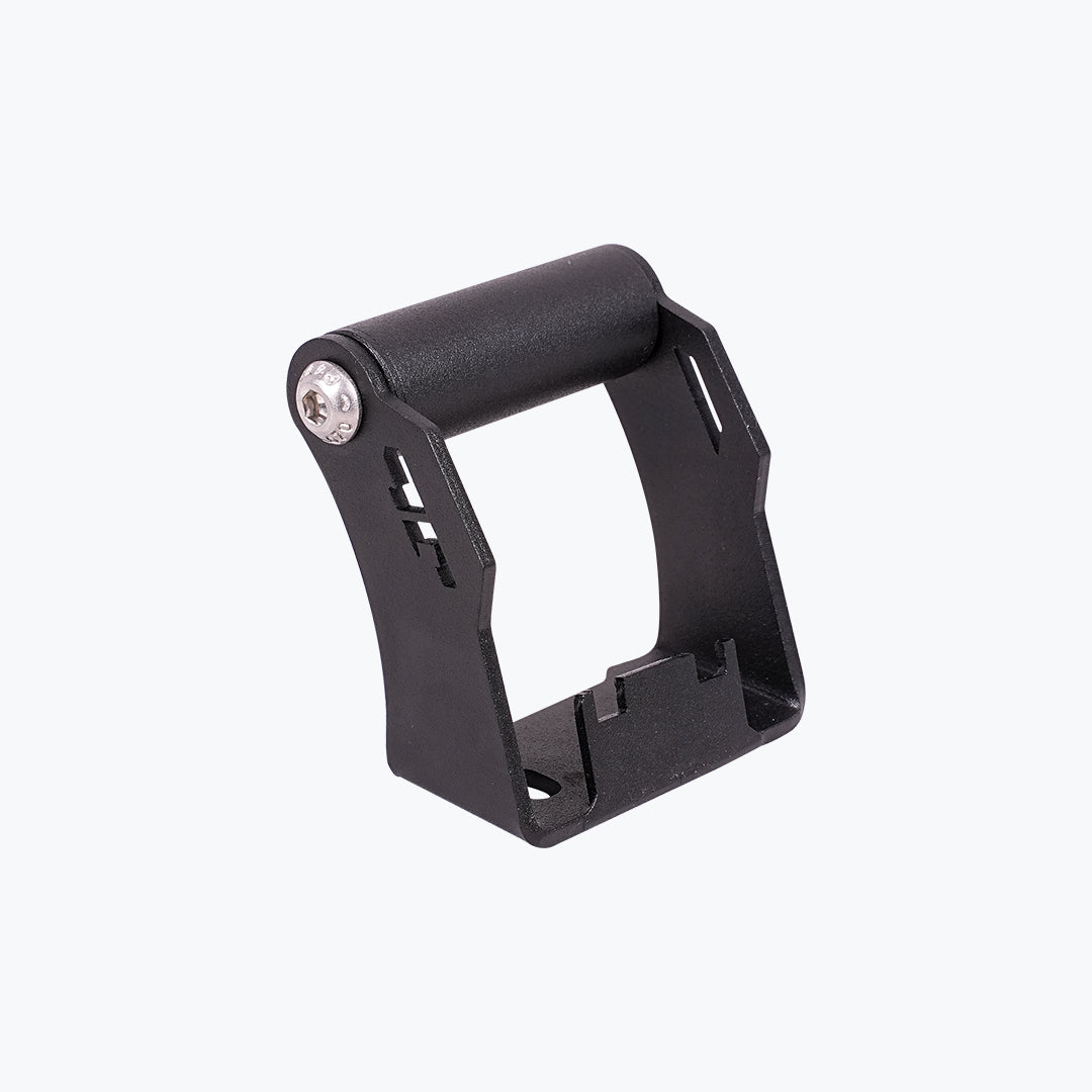 Black metal motorcycle bracket or mount with a roller, shown on a white background
