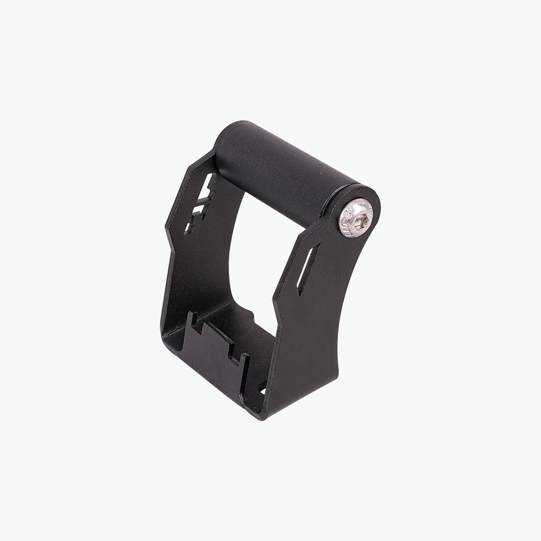 Black metal motorcycle accessory bracket with mounting bolt on white background