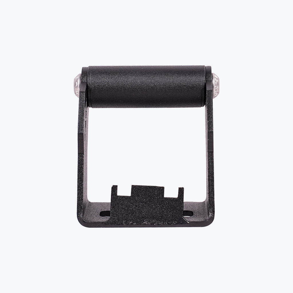 Black motorcycle light bracket with mounting holes on a white background