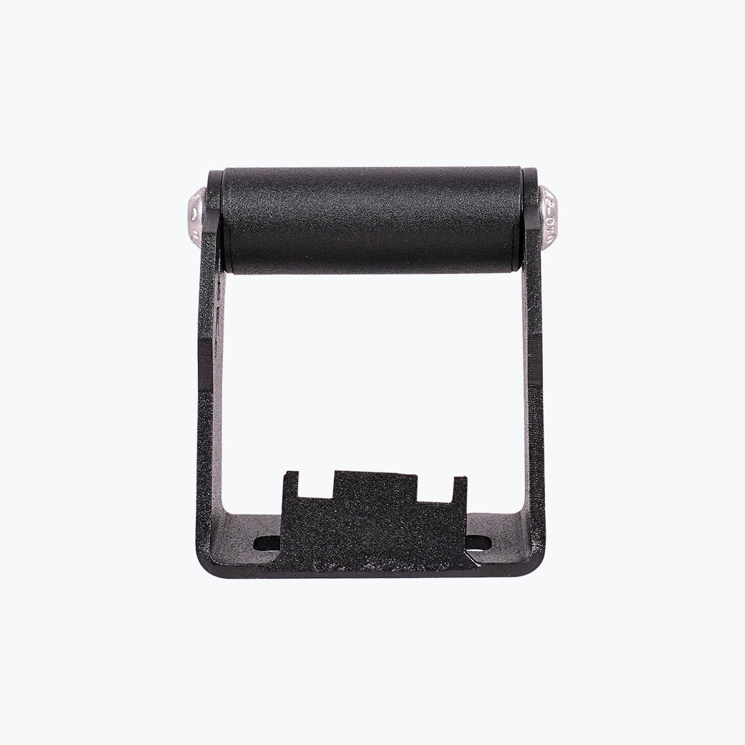 Black motorcycle light bracket with mounting holes on a white background