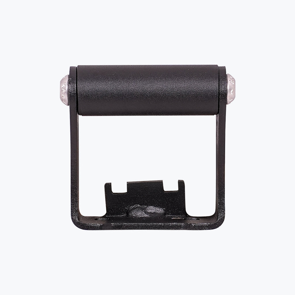 Black motorcycle chain roller guide with metal mounting bracket on white background