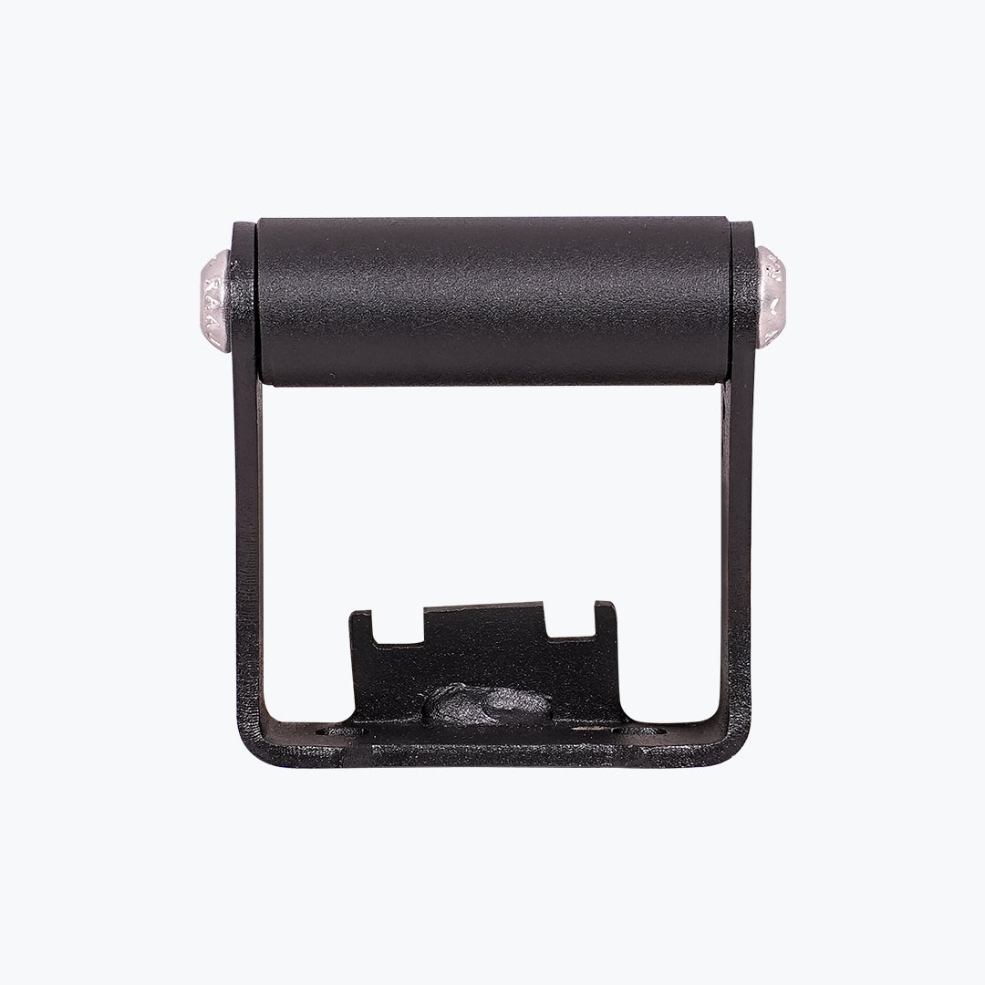 Black motorcycle chain roller guide with metal mounting bracket on white background