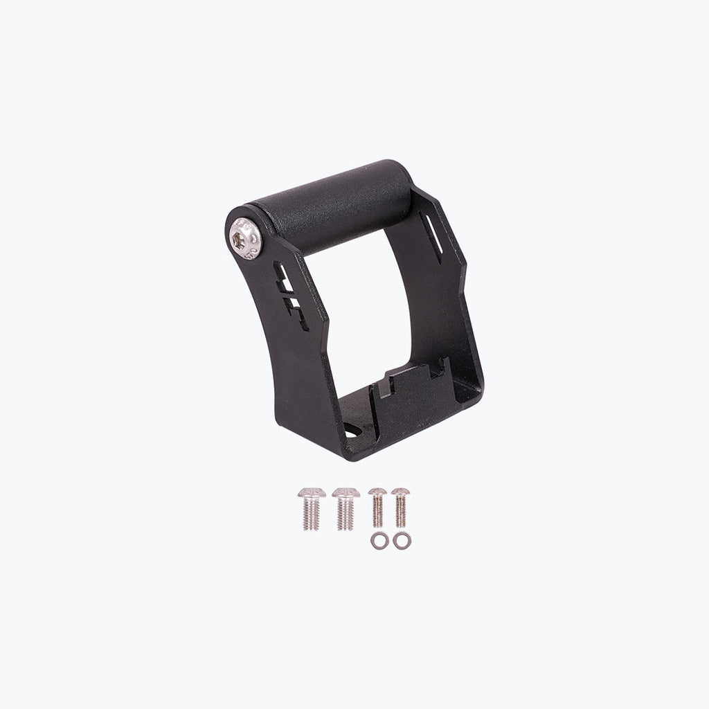 Black motorcycle accessory mounting bracket with screws and washers on white background