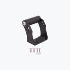 Black motorcycle accessory mounting bracket with screws and washers on white background