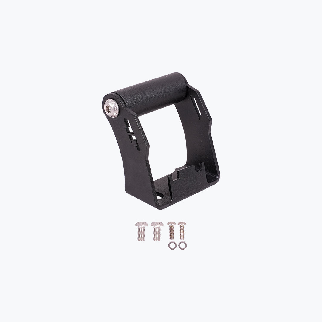 Black motorcycle accessory mounting bracket with screws and washers on white background