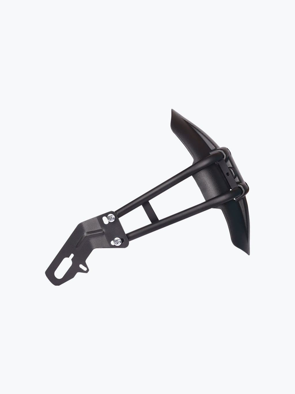 Universal black plastic and metal motorcycle mudguard with mounting bracket on white background