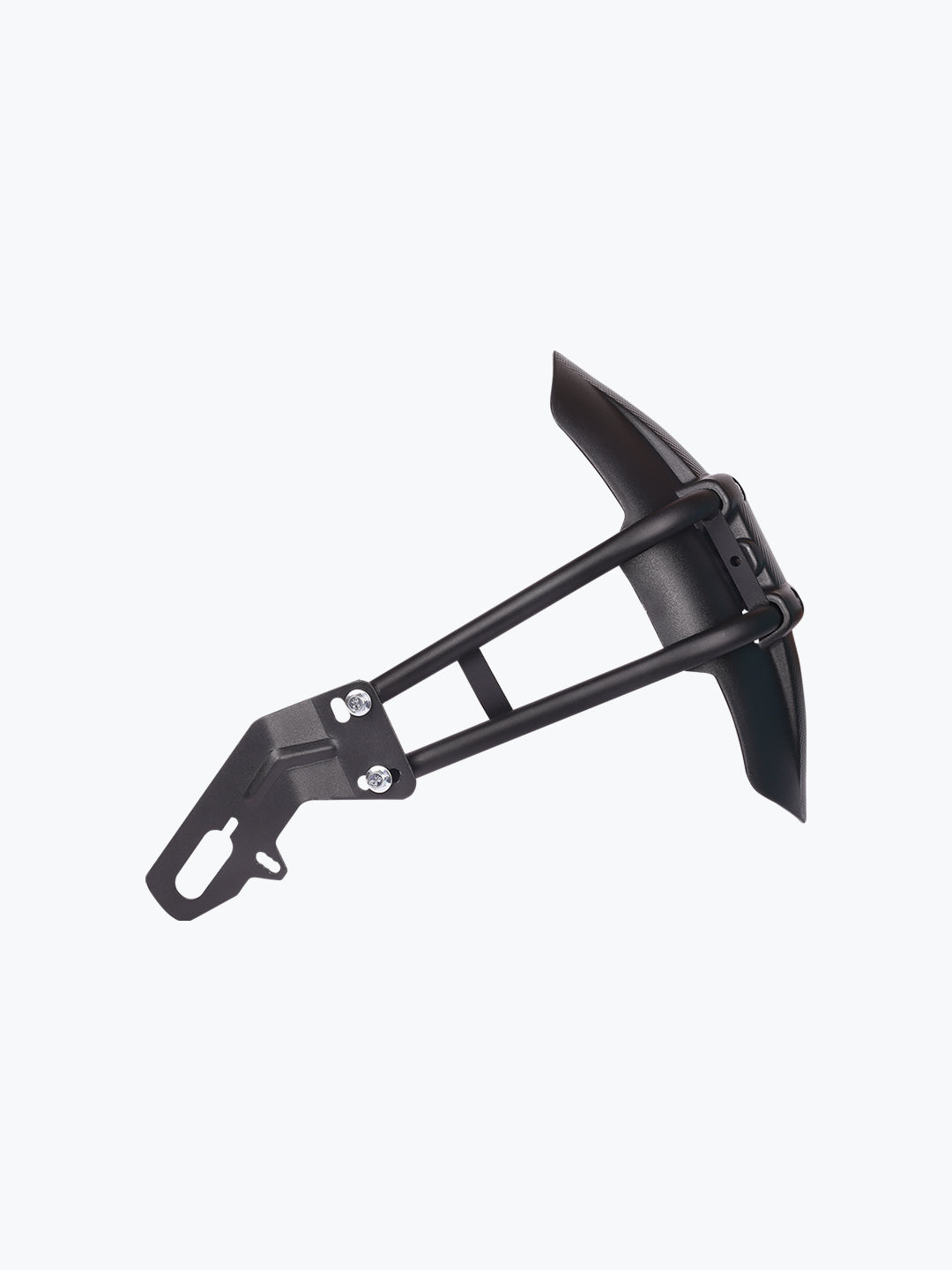 Universal black plastic and metal motorcycle mudguard with mounting bracket on white background