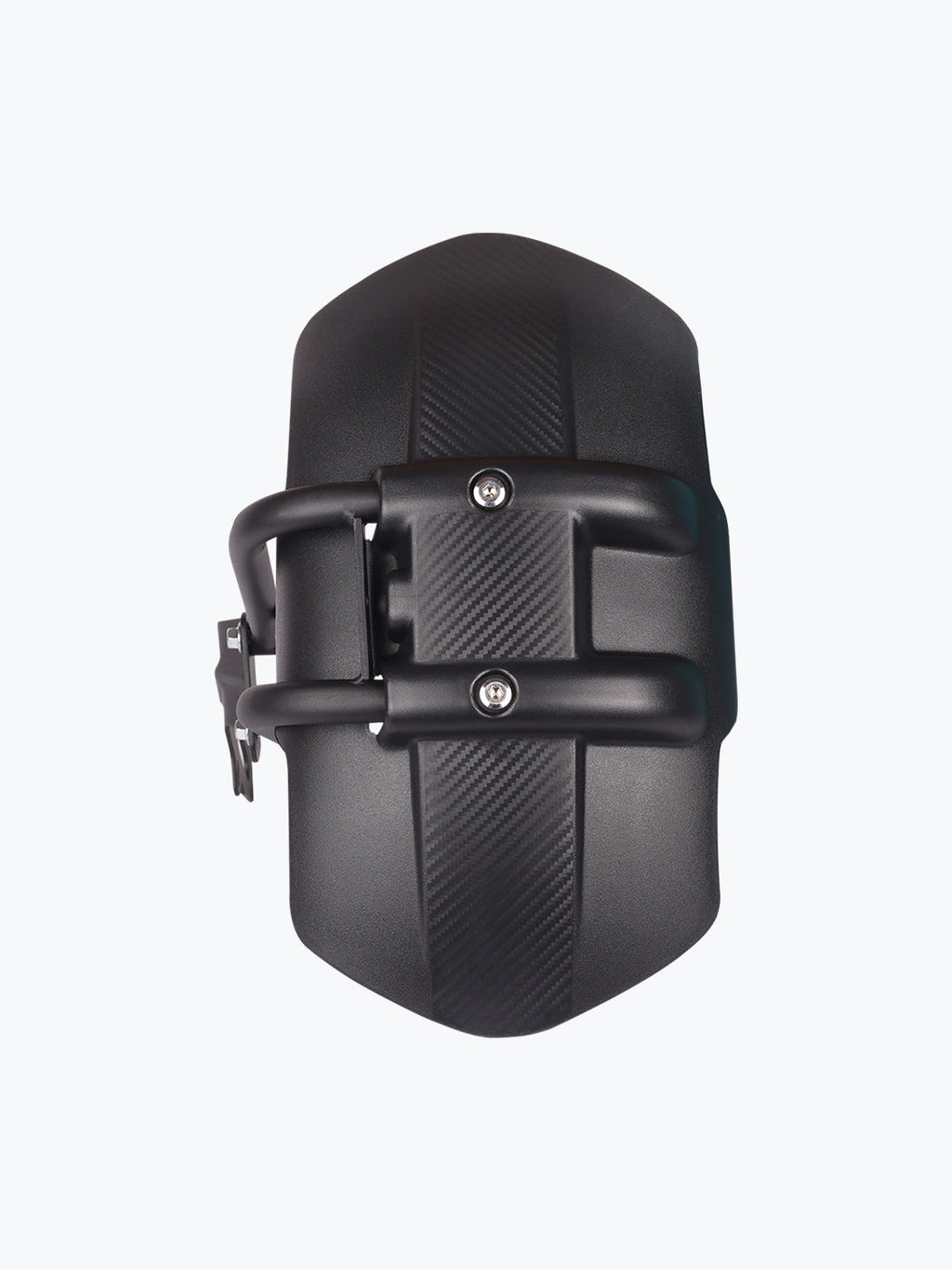 Black universal motorcycle mudguard with carbon fiber texture and mounting brackets