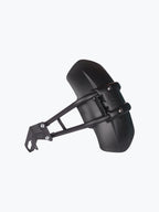 Universal black motorcycle mudguard with metal mounting bracket, isolated on white background