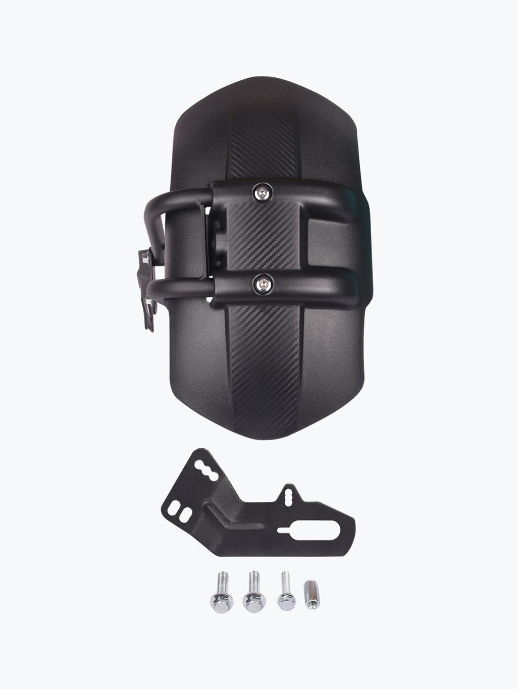 Universal black motorcycle mudguard with mounting bracket and bolts set on white background