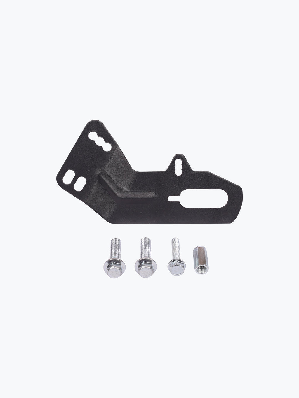 Universal black mudguard bracket with bolts and mounting hardware on white background