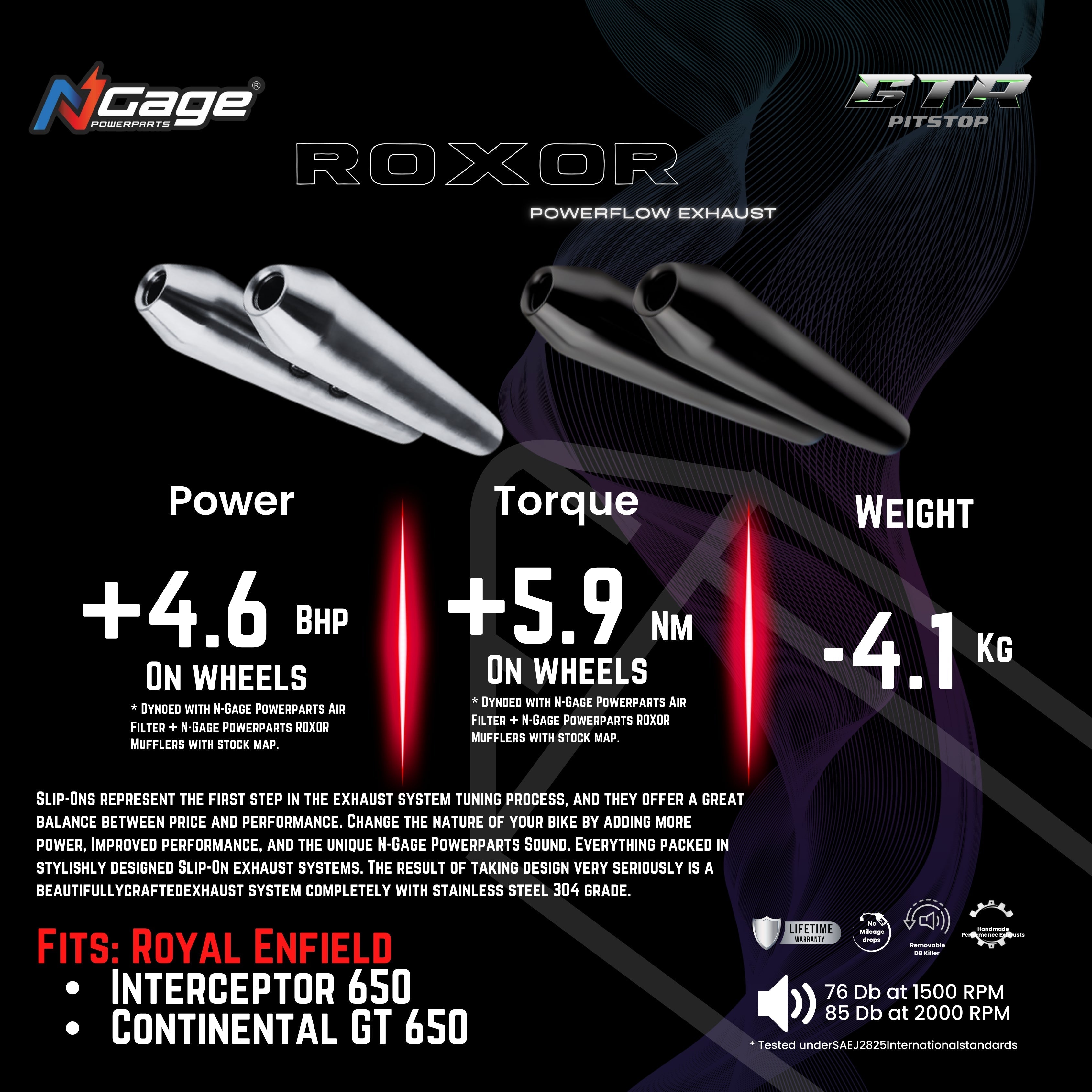 Ngage Roxor Powerflow Exhaust for Interceptor 650/ GT 650 – Chrome with Matte Black Finish