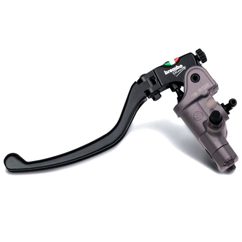 Black Brembo motorcycle brake master cylinder lever with adjustment knob on white background