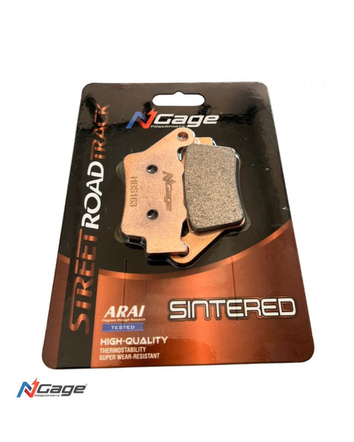 NCage sintered motorcycle brake pads for street and track use in retail packaging