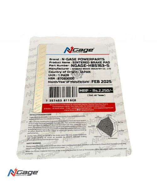 N-Gage sintered brake pad packaging, part number HBS163-S, with specifications and barcode