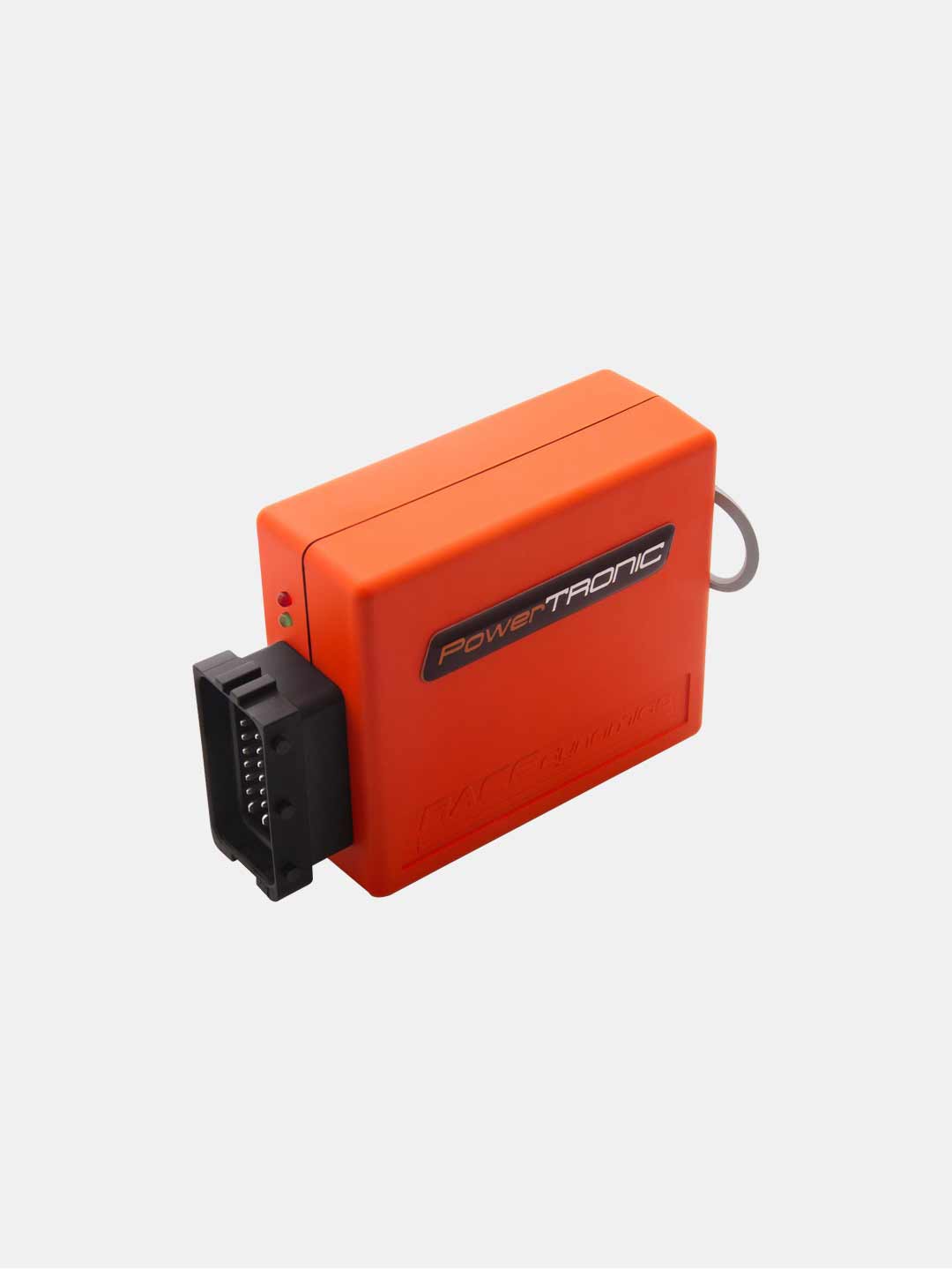 Orange PowerTRONIC motorcycle ECU unit with connector on white background