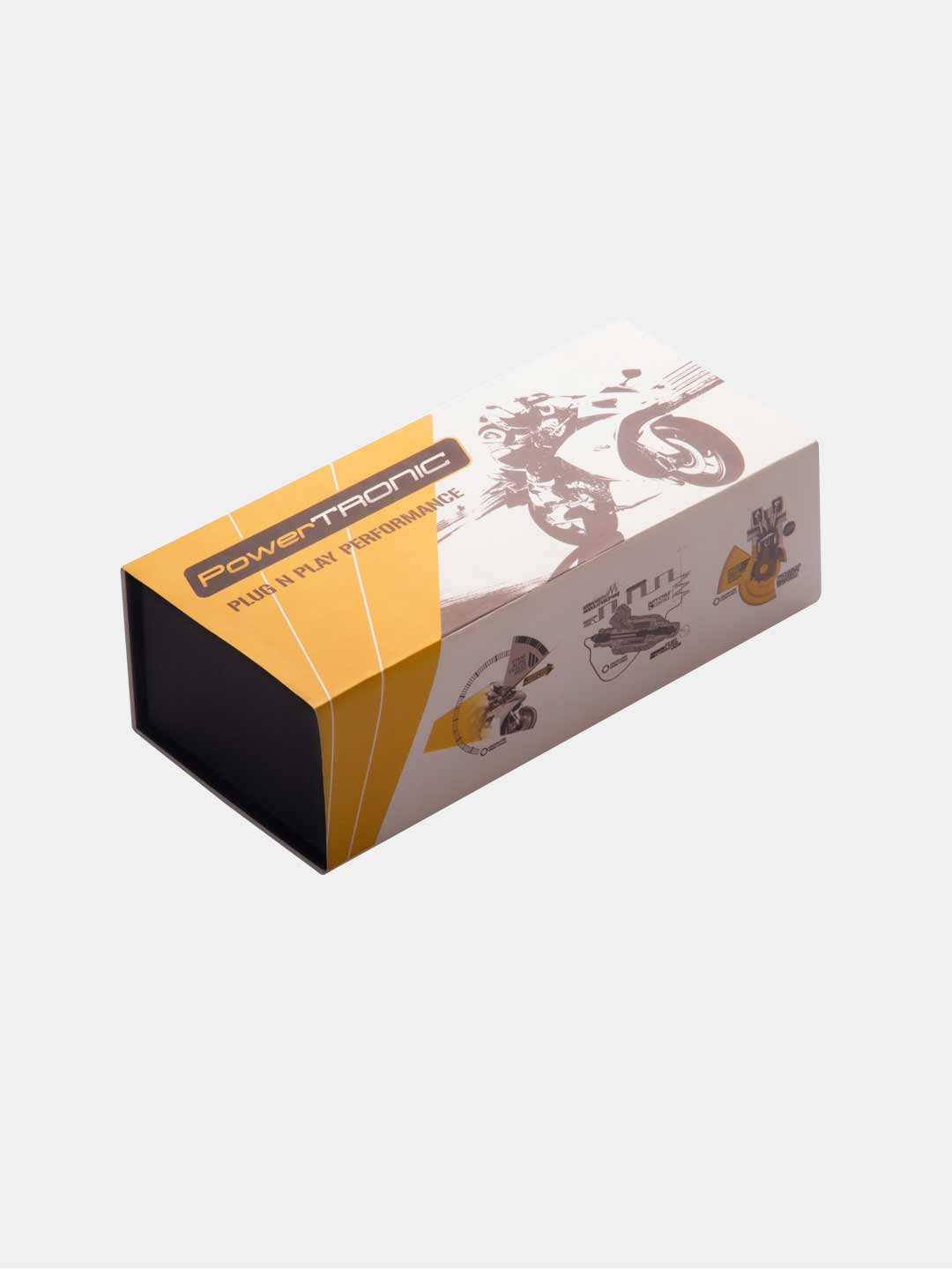 Powertronic plug and play performance module packaging with motorcycle graphic