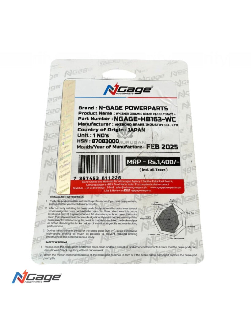 NGage Powerparts rear whisker ceramic Ultimate+ brake pads for Royal Enfield Classic Reborn 350, Meteor 350, Hunter 350 and Shotgun 650 – Moto Modz