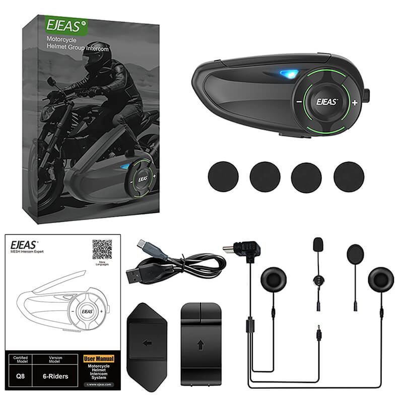 EJEAS Q8 Motorcycle Mesh Intercom – Simultaneous Group Talk for 6 Riders with 1-Year Warranty
