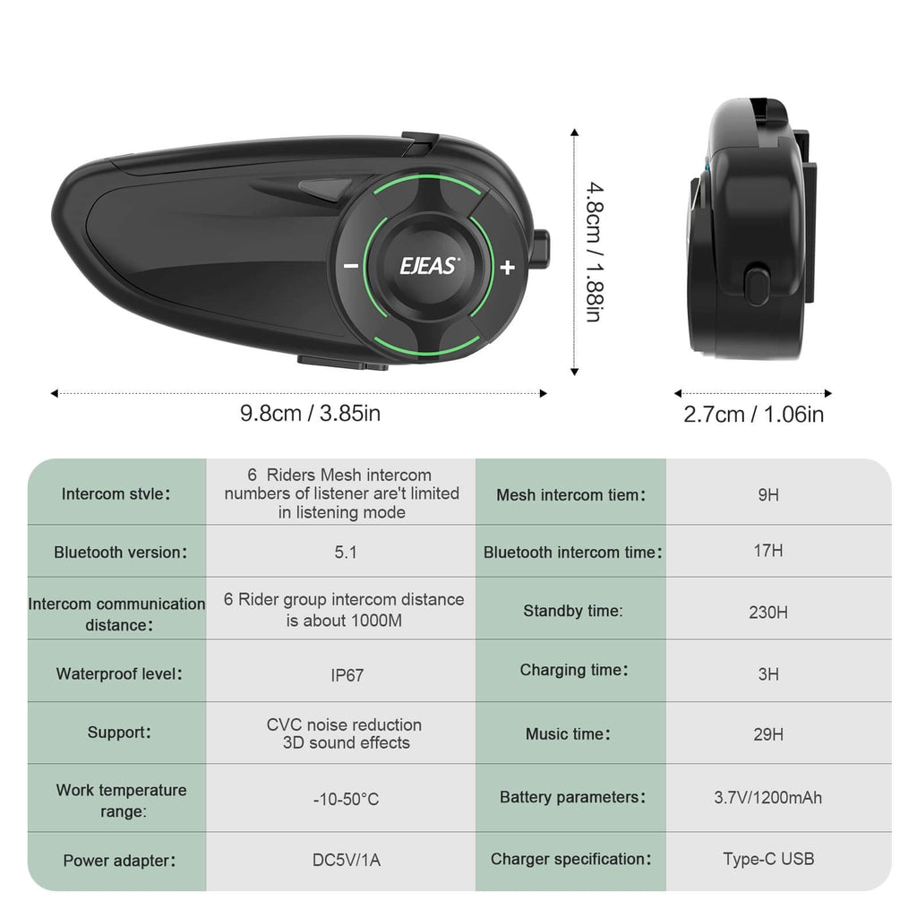 EJEAS Q8 Motorcycle Mesh Intercom – Simultaneous Group Talk for 6 Riders with 1-Year Warranty