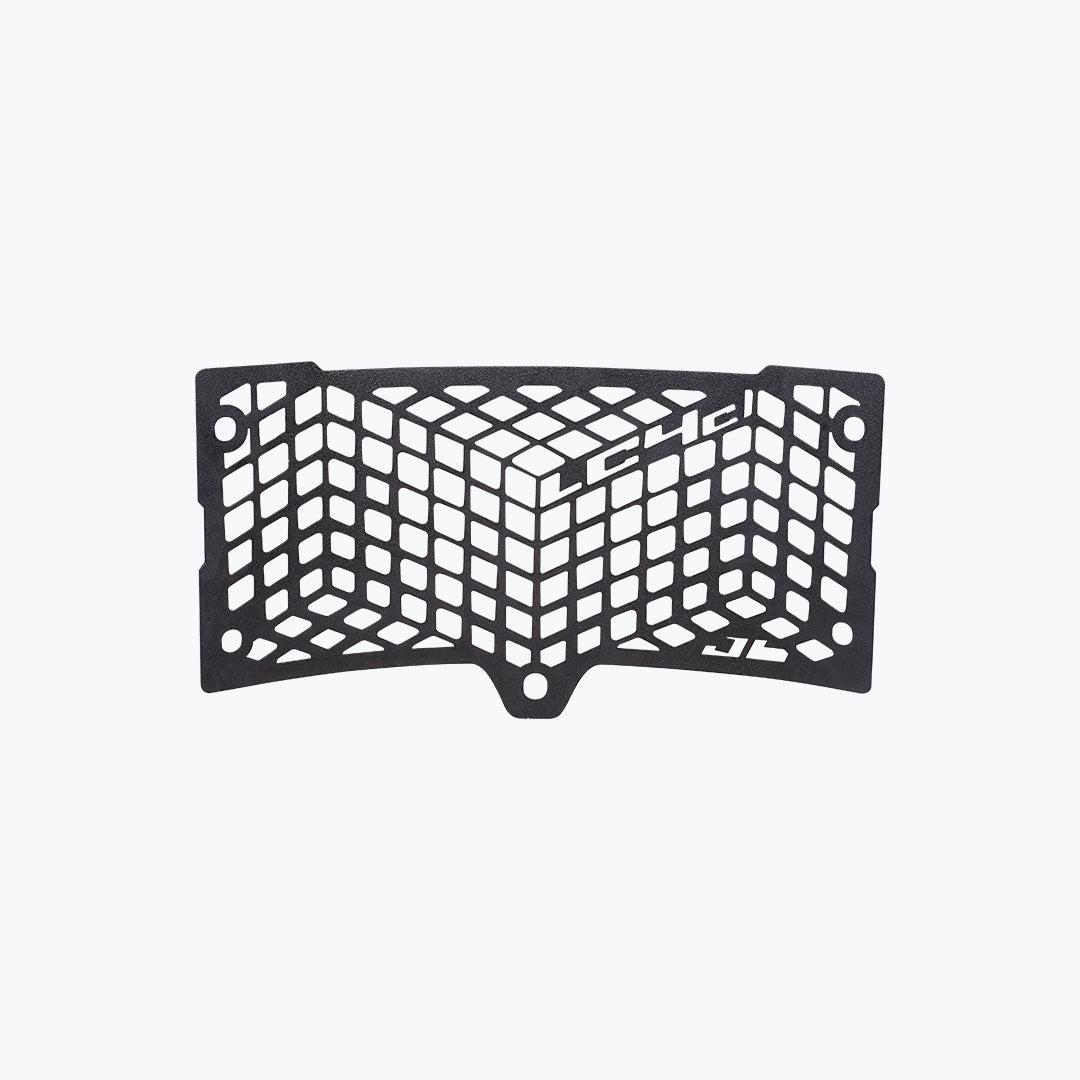 Motorcycle radiator grill guard with geometric cutout pattern on white background