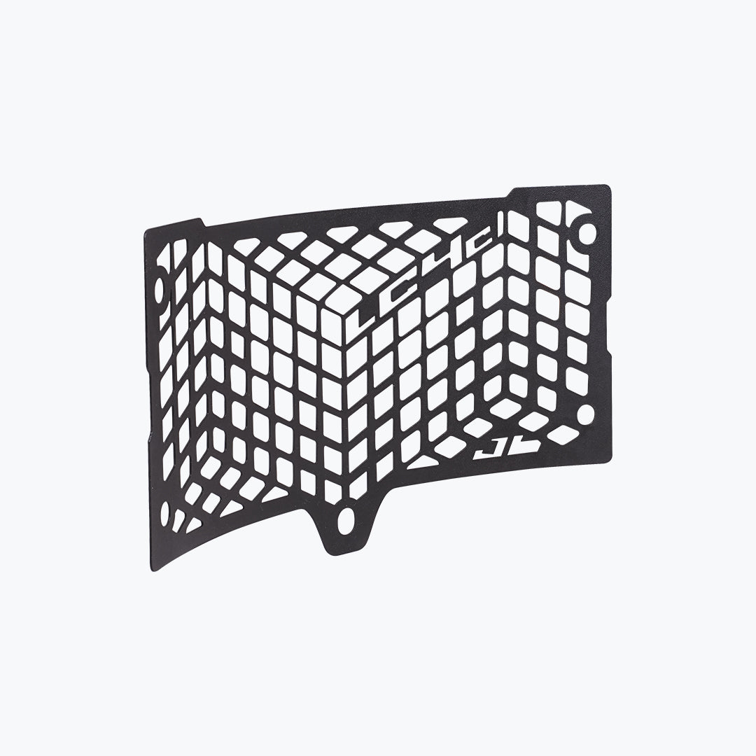 Black metal motorcycle radiator grill protector with geometric cutout design
