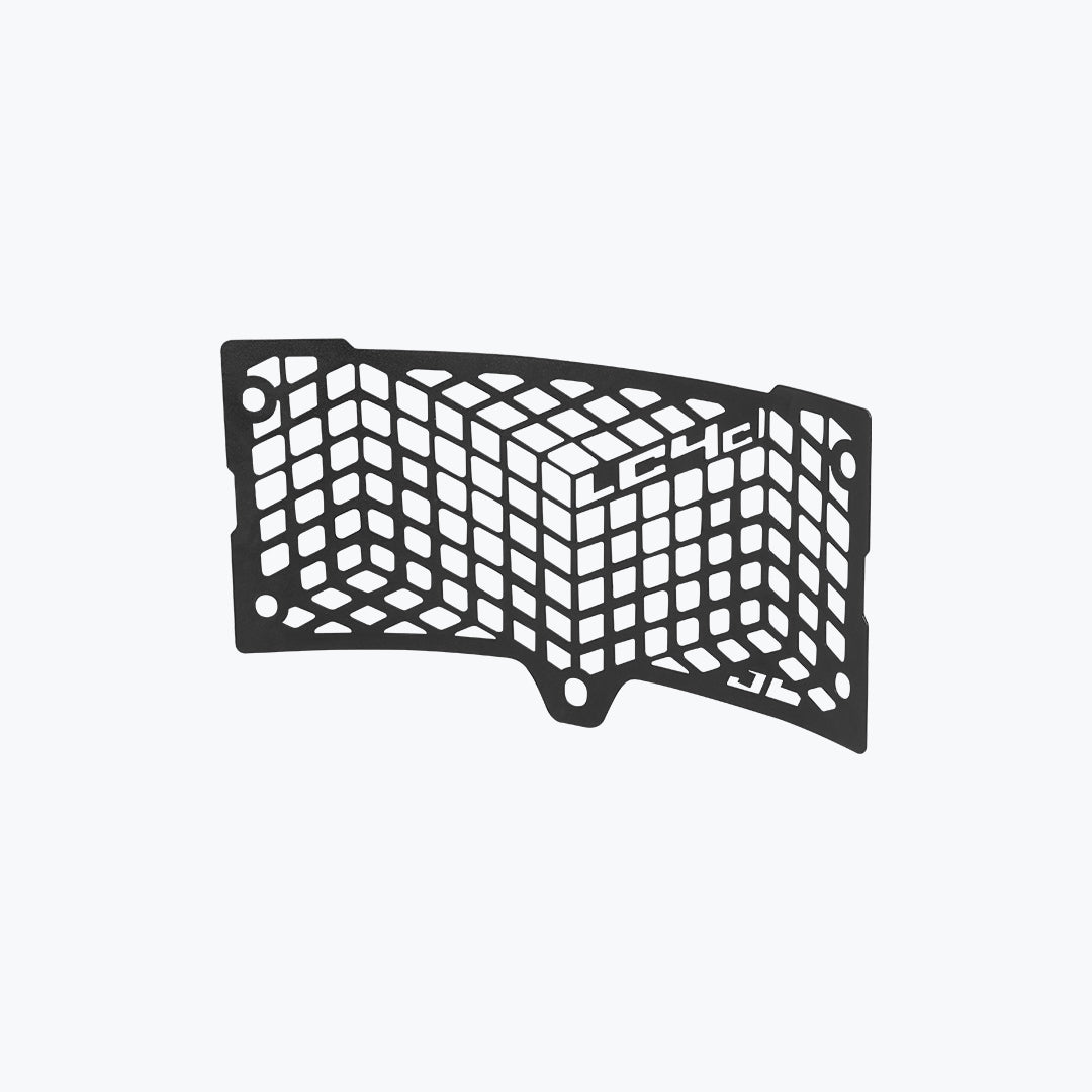 Motorcycle radiator grill guard with LC4 cutout, black metal, mesh design