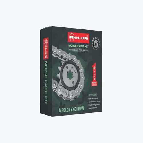 Rolon noise free motorcycle sprocket and chain kit packaging with product image