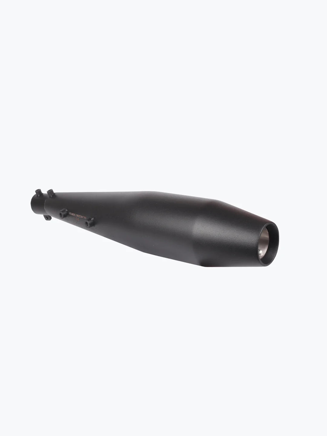 Matte black motorcycle exhaust silencer with a tapered design on a plain background