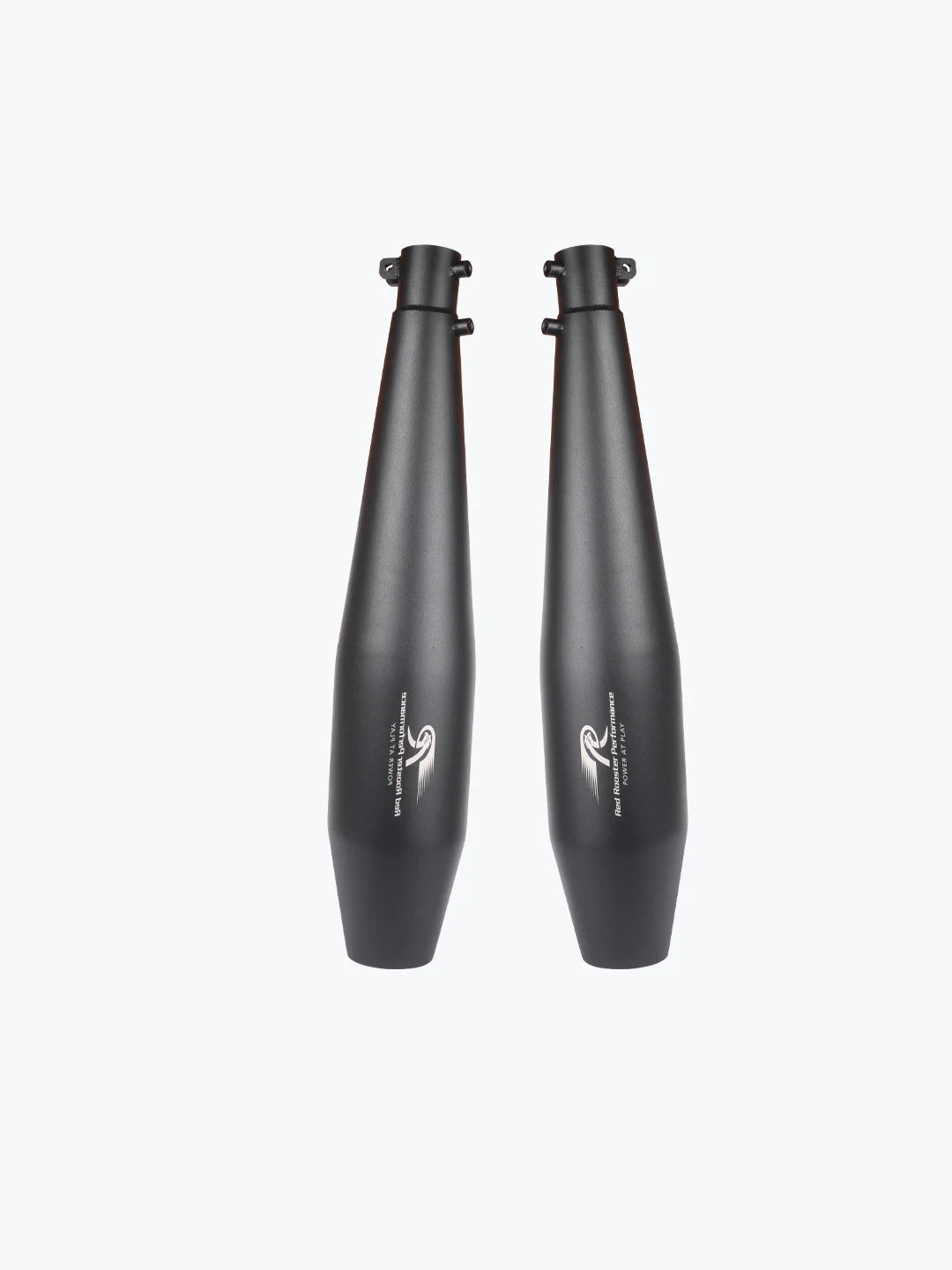 Pair of matte black motorcycle exhaust silencers on a light grey background