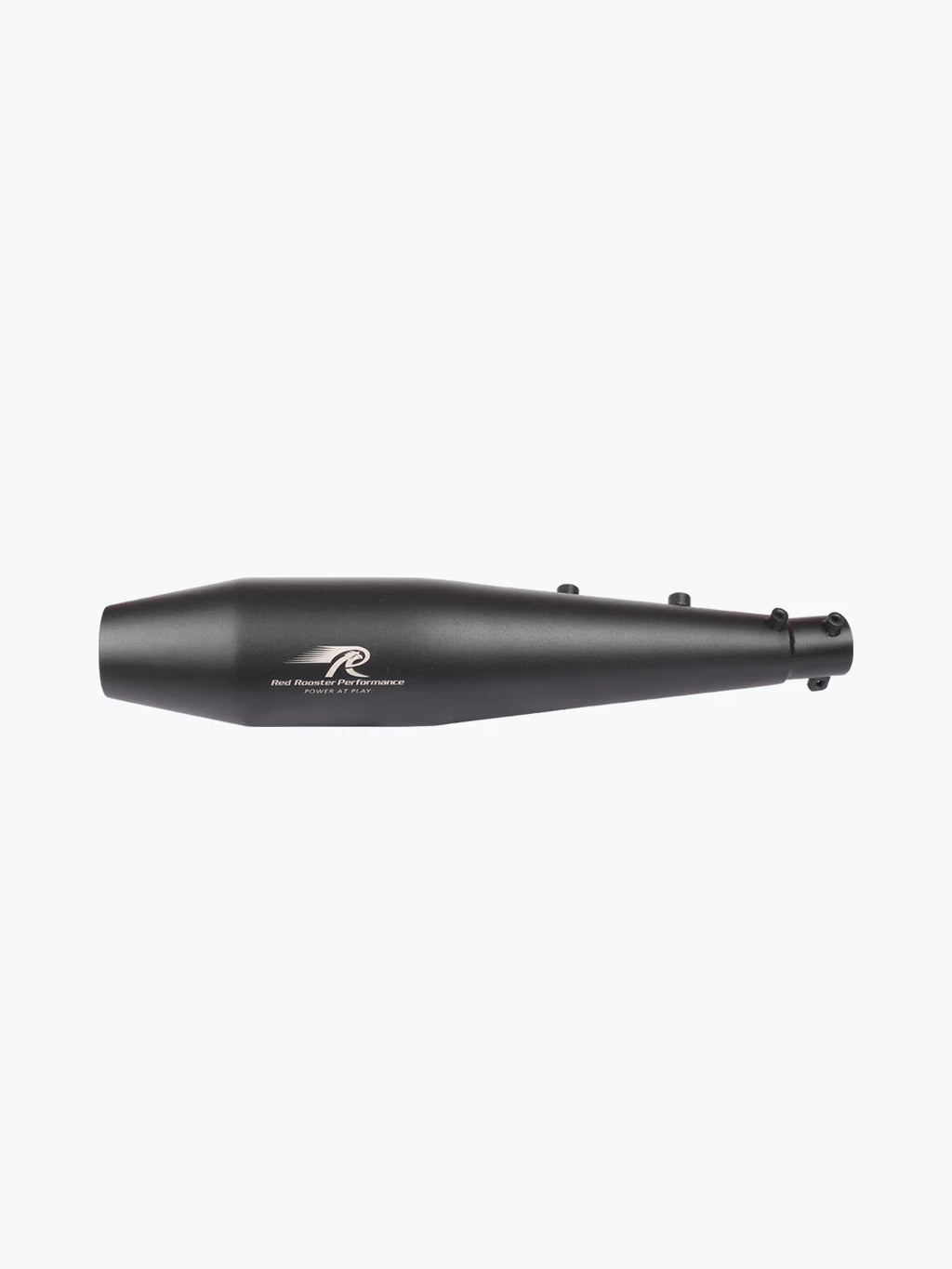 Black motorcycle exhaust silencer with Red Rooster Performance logo on white background