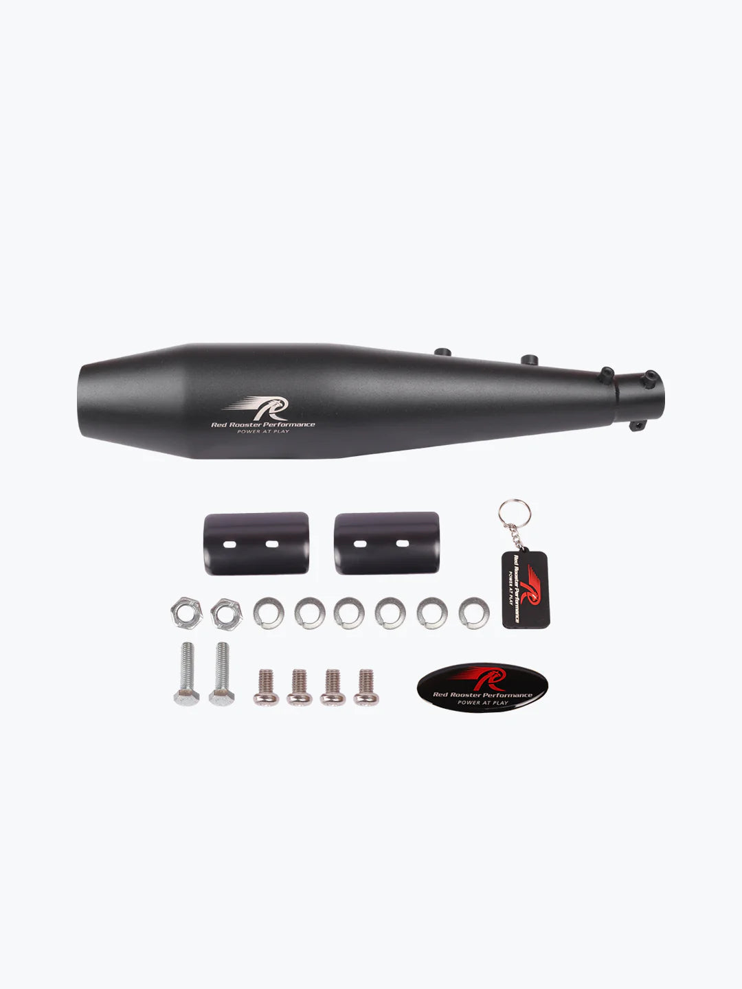 Motorcycle matte black exhaust muffler kit with mounting hardware, keychain, and sticker.