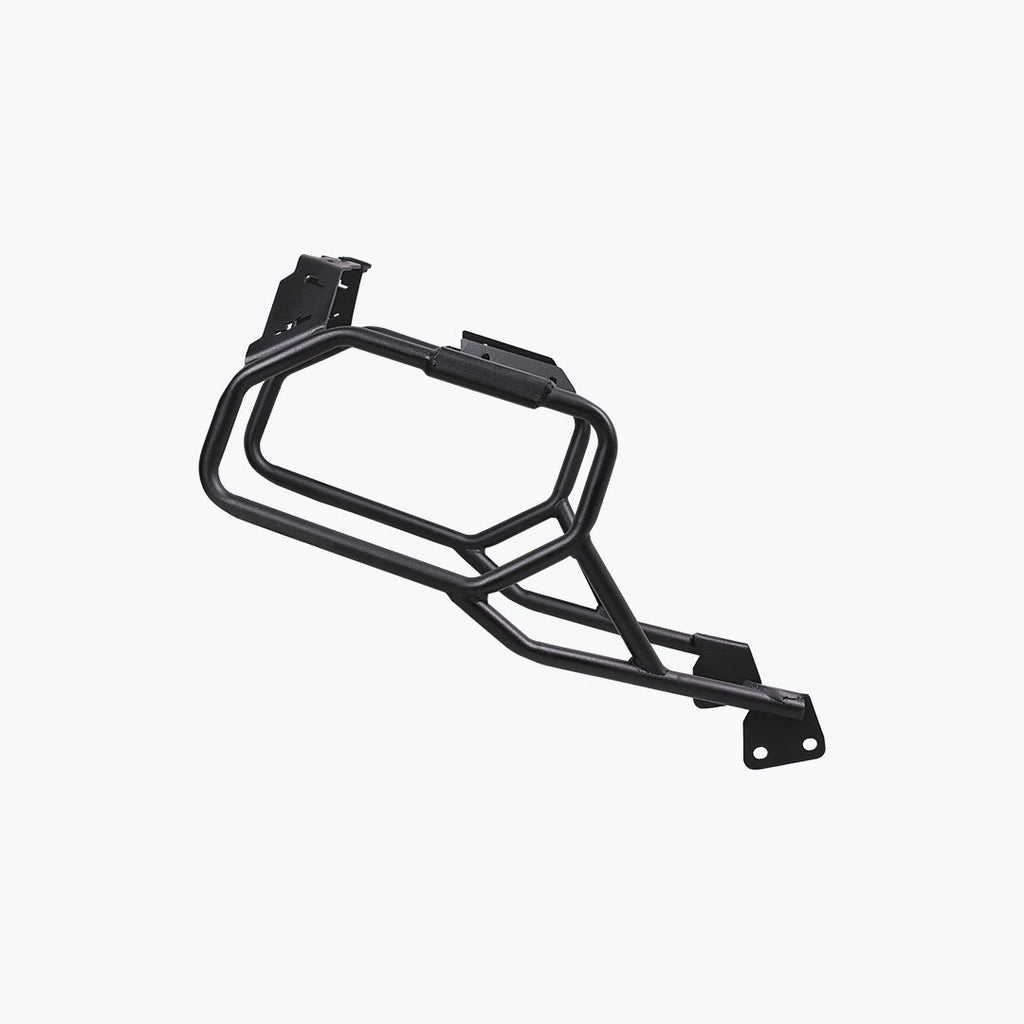Black motorcycle saddle stay bracket for luggage support, isolated on white background