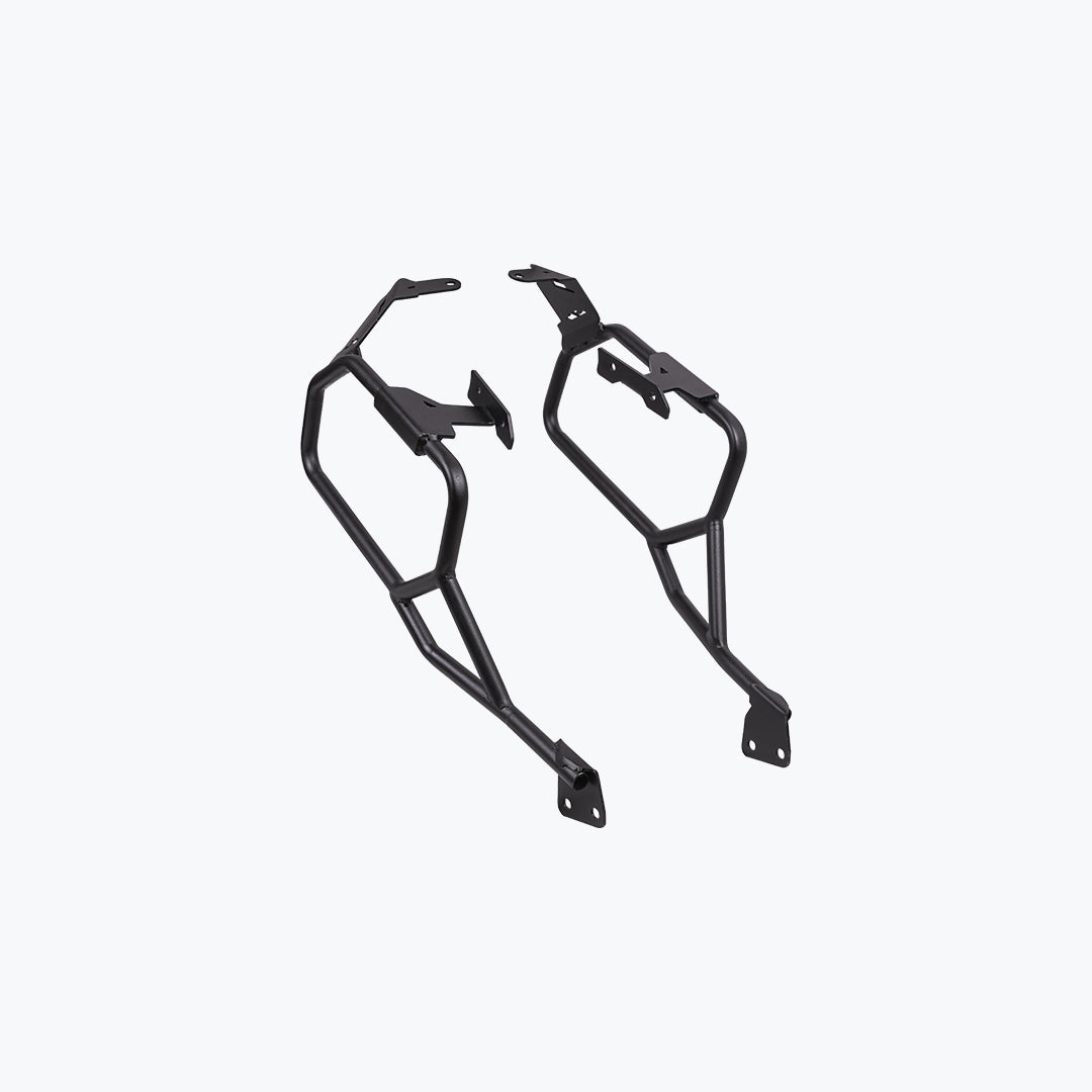 Black motorcycle saddle stay mounting brackets on a light background