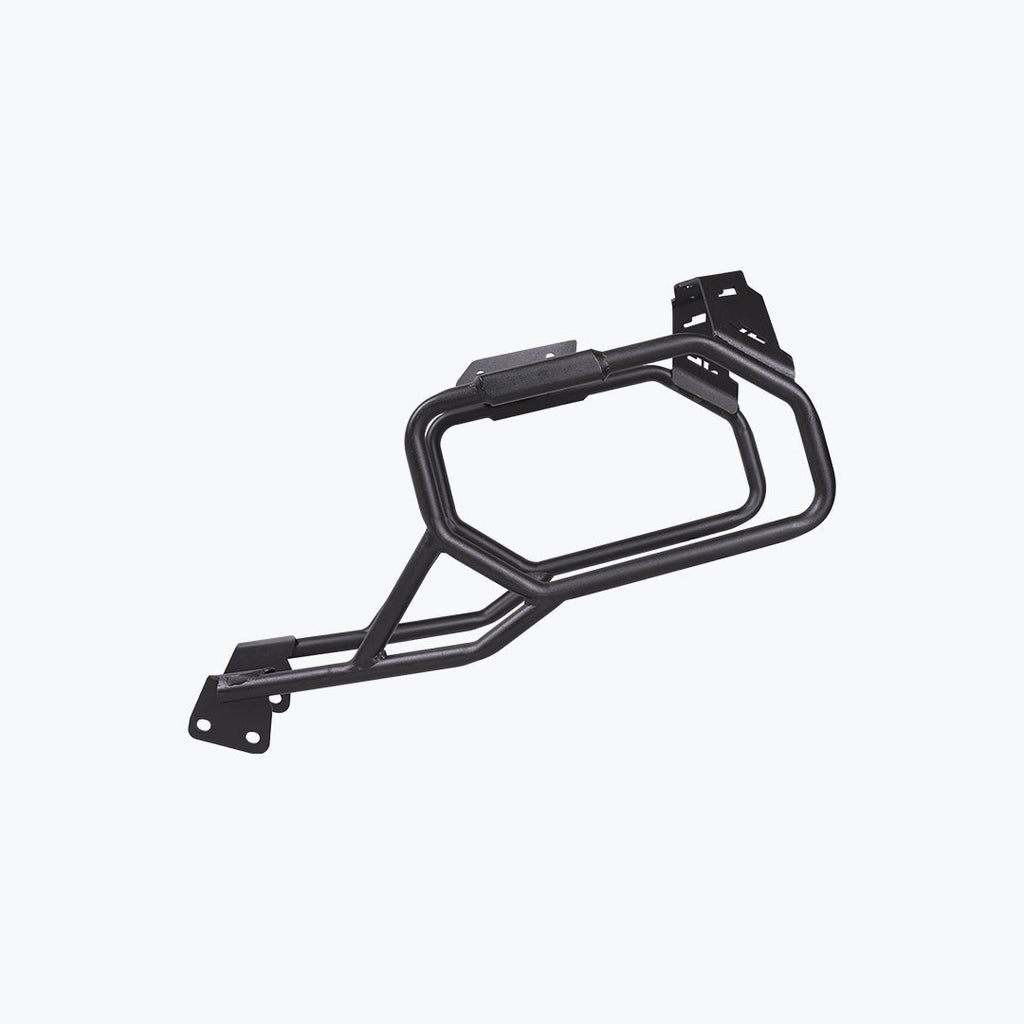 Black metal motorcycle saddle stay luggage rack accessory on white background