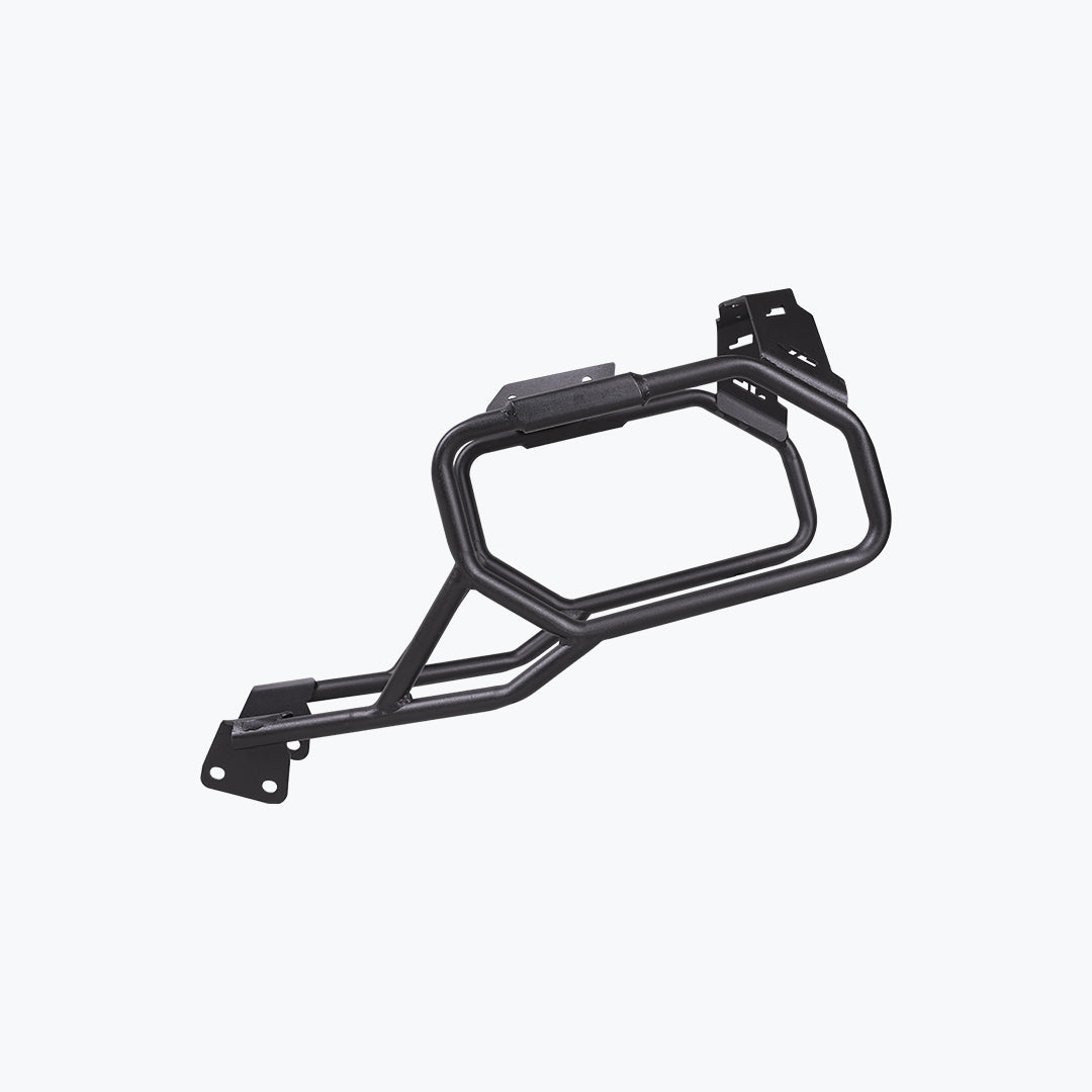 Black metal motorcycle saddle stay luggage rack accessory on white background