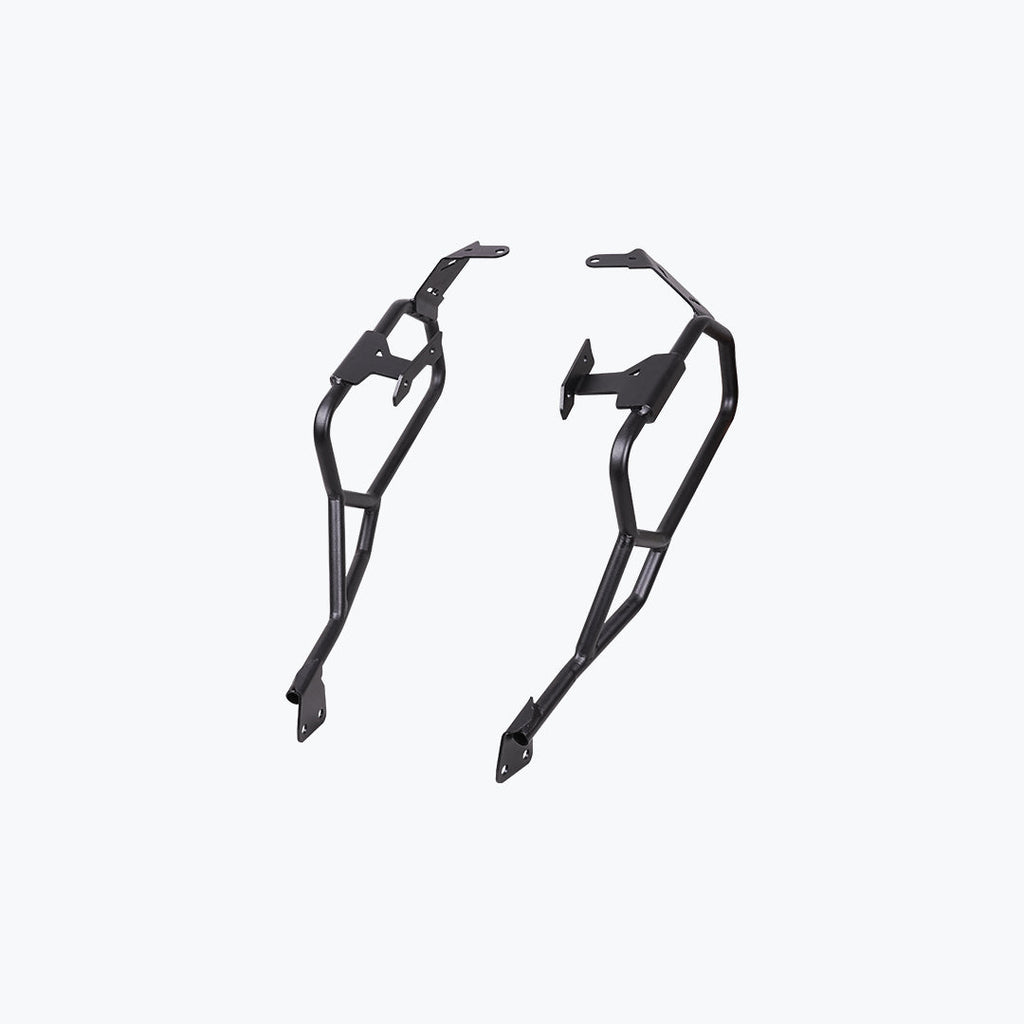 Black motorcycle saddle stay side mounts metal frame set on white background