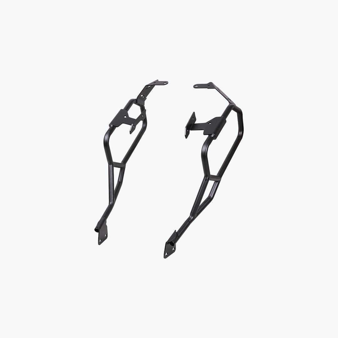 Black motorcycle saddle stay side mounts metal frame set on white background