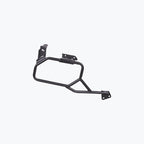 Black metal motorcycle saddle stay bracket with mounting points on white background